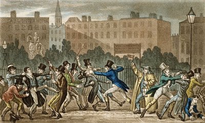 Tom, Jerry ja Logic mukana yötaistelussa, Pierce Eganin (1772-1849) teoksesta Life in London, 1821-22 (värillinen akvatinta) tekijältä Isaac, Robert and George Cruikshank