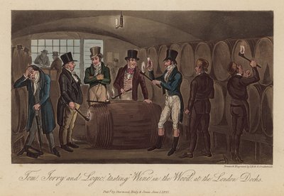 Tom, Jerry ja Logic "maistelevat" viiniä metsässä Lontoon telakoilla tekijältä Isaac, Robert and George Cruikshank