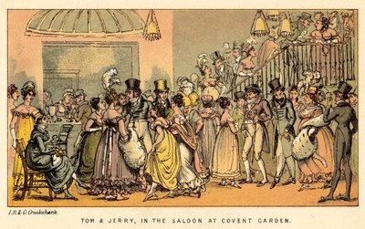 Tom ja Jerry Covent Gardenin salongissa tekijältä Isaac, Robert and George Cruikshank