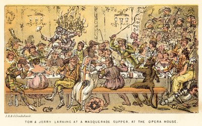 Tom ja Jerry hehkuttavat naamiaisillallista oopperatalossa tekijältä Isaac, Robert and George Cruikshank