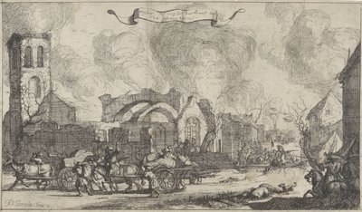 Ranskalaiset joukot marssivat ryöstämällä ja ampuen Nigtevechtin kylän raunioiden läpi, 1672 Kolmetoista kuvan sarja ranskalaisten vuonna 1672 tuhoamista Utrechtin maakunnan kylistä ja linnoista (sarjan nimi) tekijältä Isaac Sorious