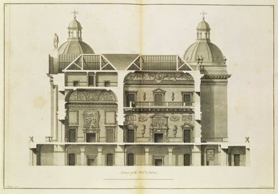 Houghton Hall: Hallin ja Salonin poikkileikkaus, kaiverrus Pierre Fourdrinier, 1735 (katso myös 64903 ja 64904) tekijältä Isaac Ware