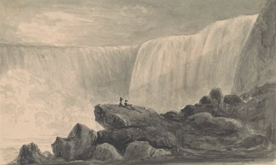 Näkymä Niagaran putouksille kahdella hahmolla istumassa Rock Centerin etualalla tekijältä Isaac Weld
