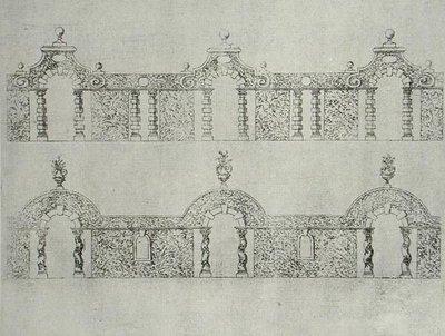 The Gardens of Wiltonin arkadoidut kulkuväylät, julkaistu n. 1645 (kaiverrus) tekijältä Isaac de Caus