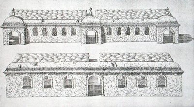 The Gardens of Wiltonin pylväskäytävät, n. 1645 (kaiverrus) tekijältä Isaac de Caus