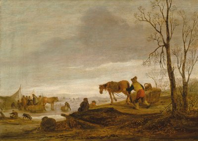 Talvimaisema, jossa on hahmoja jäätyneellä joella tekijältä Isaac van Ostade