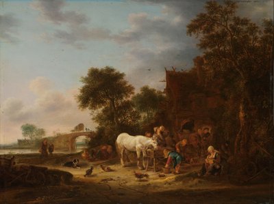 Maamajatalo hevosen luona tekijältä Isaac van Ostade