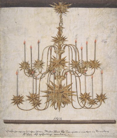 Suunnitelma kattokruunulle, jossa on kuusitoista kynttilää, 1632. tekijältä Isaak Ehe