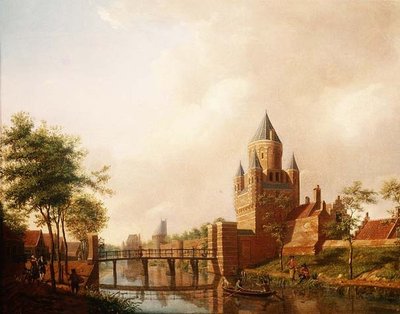 Näkymä Pienestä Houtpoortista (Kleine Houtpoort) Haarlemissa, taustalla Grote Houtpoort (Great Gateway). tekijältä Isaac Ouwater