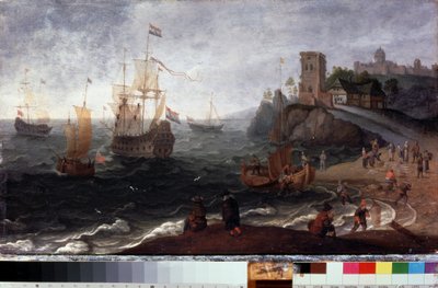 Kalamarkkinat rannalla (kalamarkkinat meren rannalla). Isaac Willaertsin (1620-1693) maalaus. Öljy puulle, 35,5 x 67 cm, noin 1640. 1600-luvun hollantilaista taidetta. Valtion historian ja taiteen museo, Serpukhov (Venäjä). tekijältä Isaak Willaerts