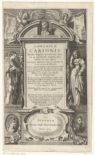 P. Melanchthonin Chronica Carioniksen nimisivu Chronica Carionis maailman alusta aen tot den Keyser Carolum (otsikko esineessä) tekijältä Isaeck van Aelst