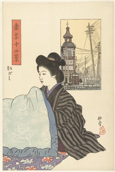 Shinbashi (otsikko esineessä) Kaksitoista näkymää Tokiosta (sarjan nimi) Tokyo junikei (sarjan nimi esineellä) tekijältä Ishii Hakutei
