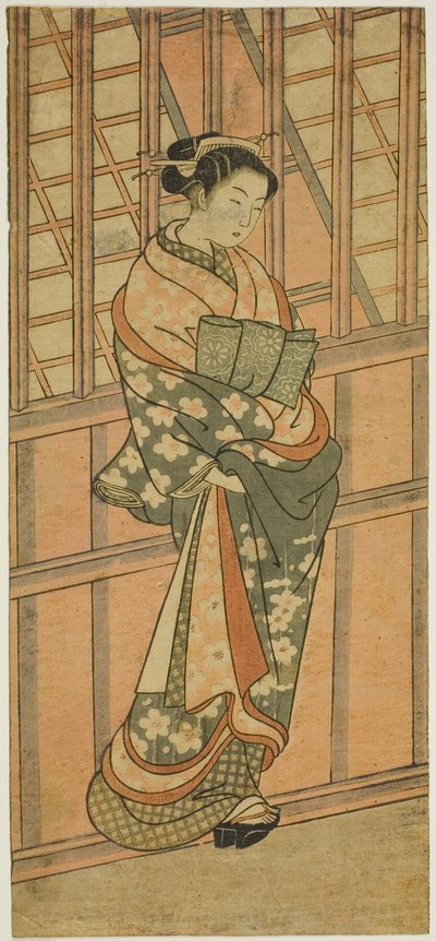 Kurtisaani seisoo suljetun ikkunan edessä tekijältä Ishikawa Toyonobu