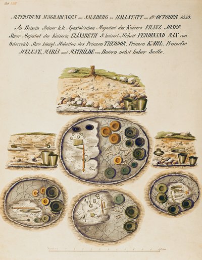 Hallstattin hautapaikka, kokoelma 1800-luvun akvarelleja (akvarelli) (vesiväri) tekijältä Isidor Engel