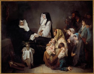 Hyväntekeväisyyden sisaren kuolema Köyhät perheet kokoontuvat nunnan ruumiin lähelle. Isidore Alexandre Augustin Pilsin (1813-1875) maalaus 1850 Su. 2,43x3,08 m Pariisi, musee d