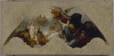 Minerva taistelee raakaa voimaa vastaan yhdistyneen Olympoksen edessä, n. 1872 (öljy kankaalle). tekijältä Isidore Pils