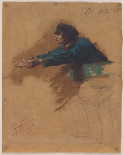 Nuori mies nojaa eteenpäin ojennetuin käsivarsin (Study for Soldiers Distributing Bread to the Poor), n.1851 (öljy, ruskea öljyvesi tai tussivesi ja musta väriliitu). tekijältä Isidore Pils