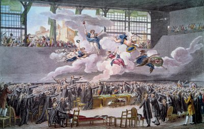 Ranskan vallankumous: "" Le oath du jeu de Paume le 20 juin 1789"" Kansanedustajat vannovat, etteivät he eroa toisistaan ennen kuin perustuslaki on korjattu. Isidore Helmanin (1743-1809) kaiverrus 1789 Paris, B.N. tekijältä Isidore Stanislas Helman