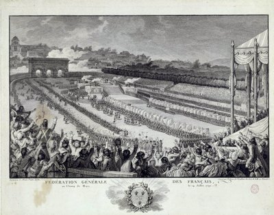 Ranskan vallankumous: näkymä Ranskan departementtien yleisen liiton juhlasta Champs de Marsilla Pariisissa 14.7.1791. Kuvitus: Isidore Helman (1743-1809) 1700-luvun Pariisi, Musee Carnavalet tekijältä Isidore Stanislas Helman