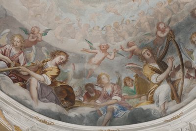 Enkelit, muusikkoenkeleitä ja puttoja, yksityiskohta Paratiisista ikuisen Isän kanssa, n. 1623-34 (yksityiskohta numerosta 3496185) tekijältä Isidoro Bianchi