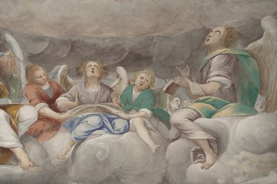Enkelit, muusikkoenkeleitä ja puttoja, yksityiskohta Paratiisista ikuisen Isän kanssa, n. 1623-34 (yksityiskohta numerosta 3496185) tekijältä Isidoro Bianchi