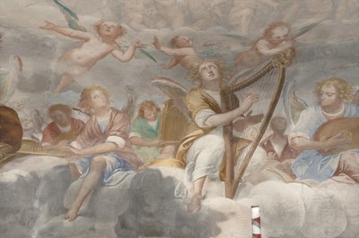 Enkelit, muusikkoenkeleitä ja puttoja, yksityiskohta Paratiisista ikuisen Isän kanssa, n. 1623-34 (yksityiskohta numerosta 3496185) tekijältä Isidoro Bianchi