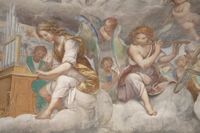 Enkelit, muusikkoenkeleitä ja puttoja, yksityiskohta Paratiisista ikuisen Isän kanssa, n. 1623-34 (yksityiskohta numerosta 3496185) tekijältä Isidoro Bianchi