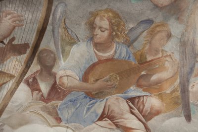 Enkelit, muusikkoenkeleitä ja puttoja, yksityiskohta Paratiisista ikuisen Isän kanssa, n. 1623-34 (yksityiskohta numerosta 3496185) tekijältä Isidoro Bianchi
