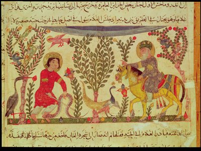 Lääkäri, joka auttaa käärmeen puremaa miestä, käsikirjoitus Dioscoriden tutkielmasta, 1200-luku tekijältä Islamic School