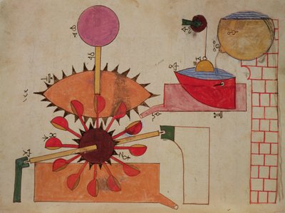 Kaavio järjestelmästä veden pumppaamiseksi altaaseen, Al-Jazarin teoksesta Book of Knowledge of Genious Mechanical Devices, 1206 tekijältä Islamic School