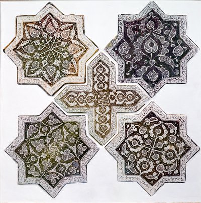 Viisi laatta, Kashan, Iran (kullanruskealla kiiltävällä koristeltu kivitahna) tekijältä Islamic School