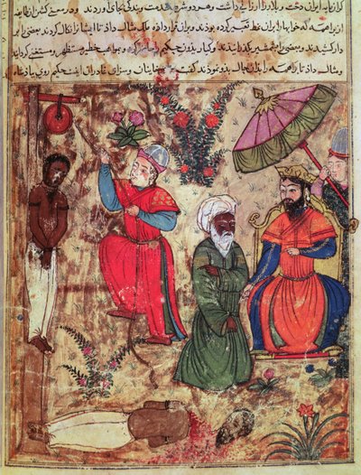 Fol.100 Sulttaani osoittaa oikeutta, Kalilahin ja Dimnahin kirjasta (tussi ja peitevärit paperille). tekijältä Islamic School