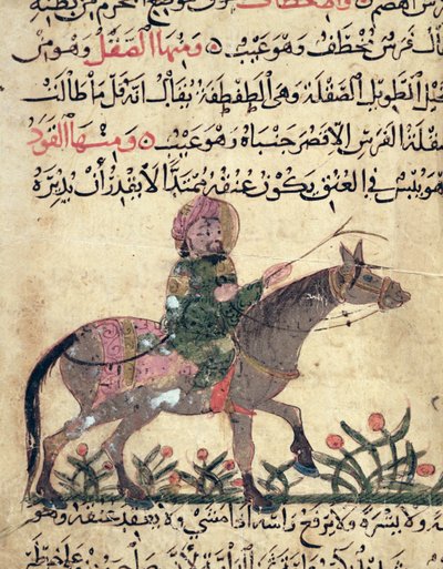 Hevonen ja ratsastaja, kuvitus Ahmed ibn al-Husayn ibn al-Ahnafin kirjasta Farriery, 1210 tekijältä Islamic School