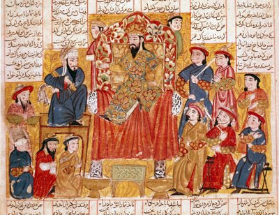 Islamilainen taide: "" Sulttaani ja hänen hovinsa"" Persialainen miniatyyri Ferdowsin (Firdawsi tai Ferdawsi tai Firdousi) eeppisen runon "" Shahnameh"" (Shah Nama, Shahnama) (Kuninkaiden kirja) käsikirjoituksesta. 940-noin 1020) Noin 1330 Topkapi-museo, I tekijältä Islamic School
