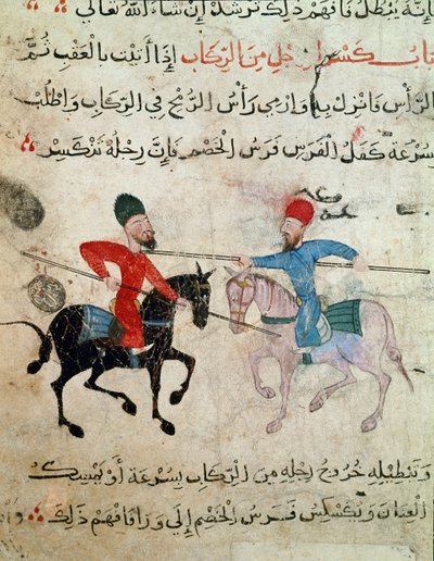 Islamilainen taide: Piirustus pergamentille Fatimid-ajalta (10-1100-luku) - Kahden ratsumiehen kaksintaistelukohtaus - Papyruksen maalaus - Kairo, Islamilaisen taiteen museo tekijältä Islamic School
