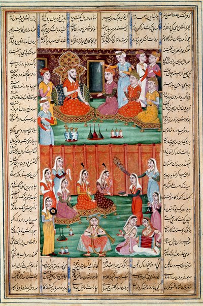 Islamilainen taide: "" Jemenin kuninkaan Seron kolmen tyttären avioliitto"" Persialainen miniatyyri Ferdowsin (Firdawsi tai Ferdawsi) eeppisen runon "" Shahnameh"" (Shah Nama, Shahnama) (Kuninkaiden kirja) käsikirjoituksesta , tai Firdousi, noin 940 - noin tekijältä Islamic School