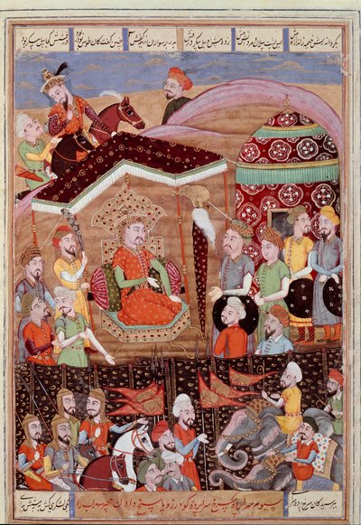 Islamilainen taide: "" Sohrab (Saharab) katsoo Persian armeijan johtajien mustaa telttaa""" Persialainen miniatyyri eeppisen runon "" Shahnameh" käsikirjoituksesta" (Shah Nama, Shahnama) (Kuninkaiden kirja) kirjoittanut Ferdowsi (Firdawsi tai Ferdawsi tai  tekijältä Islamic School