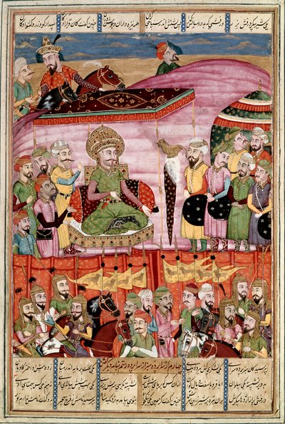 Islamilainen taide: "" Sohrab (Saharab) seisoo Roustamin teltassa""" Persialainen miniatyyri Ferdowsin (Firdawsi tai Ferdawsi) eeppisen runon "" Shahnameh"" (Shah Nama, Shahnama) (Kuninkaiden kirja) käsikirjoituksesta , tai Firdousi, noin 940 - noin 1020)  tekijältä Islamic School