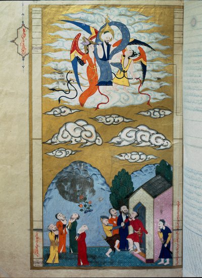 Islamilainen esitys profeetta Isan (Isa ibn Marym: Jeesus) taivaaseenastumisesta Pienoiskuva historioitsija Seyyyid Loqman (Lokman) Ashurin käsikirjoituksesta "Zubdat al Tawarikh" (kerma tai tarinoiden hieno kukka) tekijältä Islamic School
