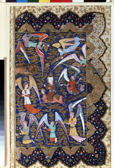 ""Profeetta Muhammed (Mohammed tai Muhammad) (570-632) (peitetty kasvot) Miracin aikana, hänen nousunsa seitsemänteen taivaaseen hevosensa Al - Bouraq (Burak) (Al - Buraq)"" Vesiväri pergamentille. 16. vuosisata. Eremitaaši, Pietari tekijältä Islamic School