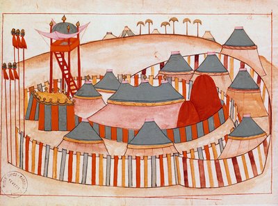 Turkkilaisten sotilasleiri guassi islamilaisen koulun paperilla (Ms 1671) 1500-luvun Venetsian museo Correr tekijältä Islamic School
