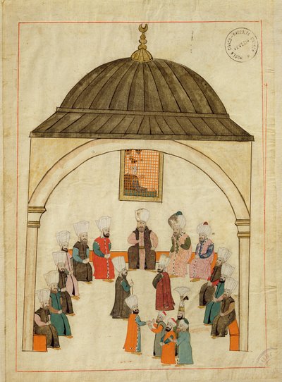 Ms. cicogna 1971, miniatyyri "Memory Turchesesta", joka kuvaa keisarillista salia Topkapin palatsissa, Konstantinopolissa, n. 1580 tekijältä Islamic School