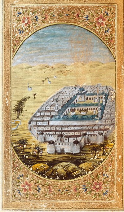 Näkymä Mekkaan (La Mekke), muslimien pyhiinvaelluspaikalle ja Arafat-vuoren tasangoille (Arafah), Saudi-Arabia. Sivu otettu Koraanin painoksesta tekijältä Islamic School