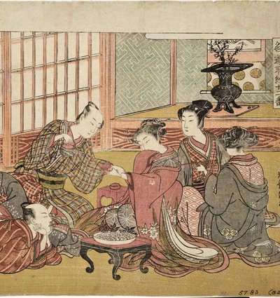 Juhlaillallinen varakkaassa taloudessa, 1770-74 (puupiirros). tekijältä Isoda Koryusai