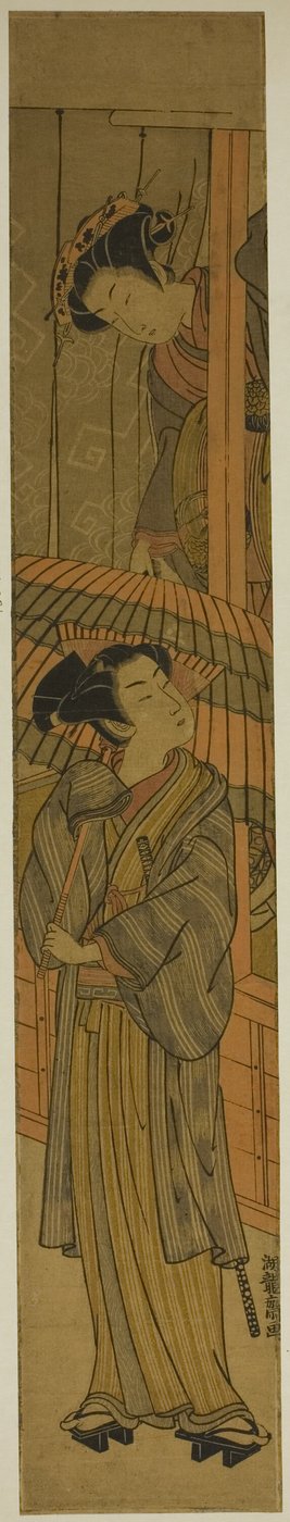 Kurtisaani vetämässä nuoren miehen sateenvarjoa (Rashomon-parodia) tekijältä Isoda Koryusai