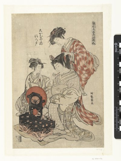 De courtisane Suminoto uit het Okanaya Okanaya uchi Suminoto (otsikko esineessä) Malli Patronen van vroege lente blaadjes (sarjan nimi) Hinagata wakana no hatsu moyo (sarjan nimi esineessä) tekijältä Isoda Koryusai