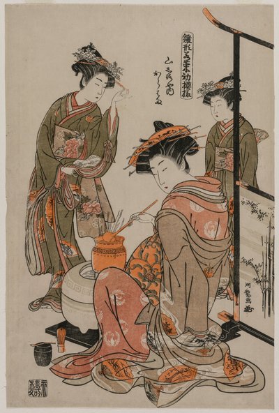 Yamashiroyan kurtisaani Karahama suorittamassa teeseremonian..., 1770-luvun lopulla. tekijältä Isoda Koryusai