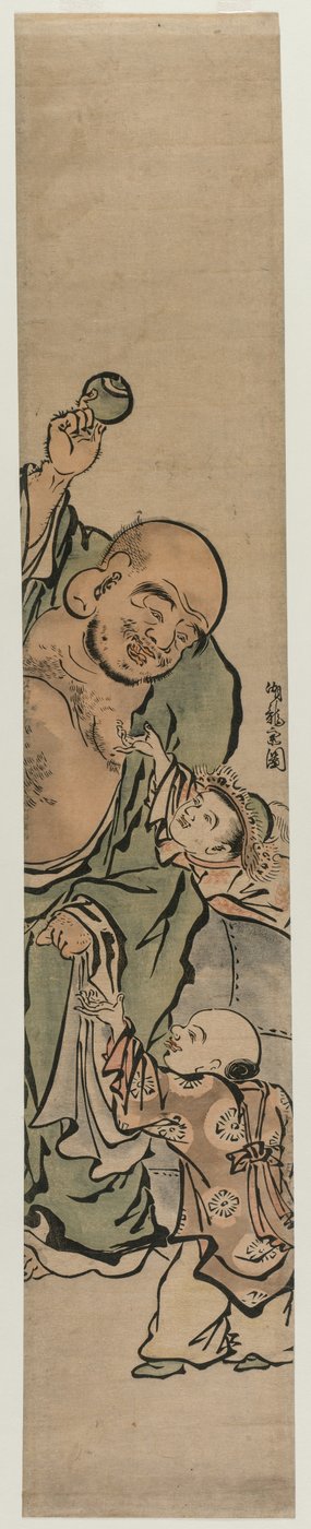 Kaksi lasta kerjäämässä Hoteilta jalokiviä, n. 1770-luku. tekijältä Isoda Koryusai