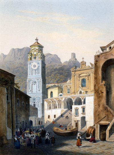 Amalfin katedraali vanhalla julkisivulla (väri litho) tekijältä Isodore Laurent Deroy