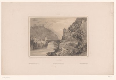 Näkymä Saint-Mauricesta Sveitsissä St. Maurice (otsikko esineessä) Kasvot Sveitsissä (sarjan nimi) Suisse (sarjan nimi esineellä) tekijältä Isodore Laurent Deroy
